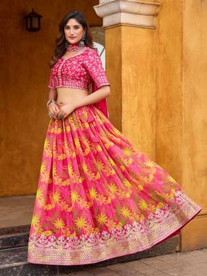 Rani Pink Taby Silk Print With Heavy Thread Embroidery Sequins Work Lehenga Choli 5