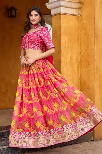 Rani Pink Taby Silk Print With Heavy Thread Embroidery Sequins Work Lehenga Choli