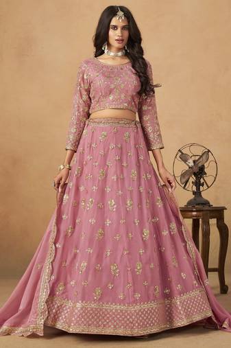 Pink Organza Heavy Thread Embroidery Sequins Work Lehenga Choli