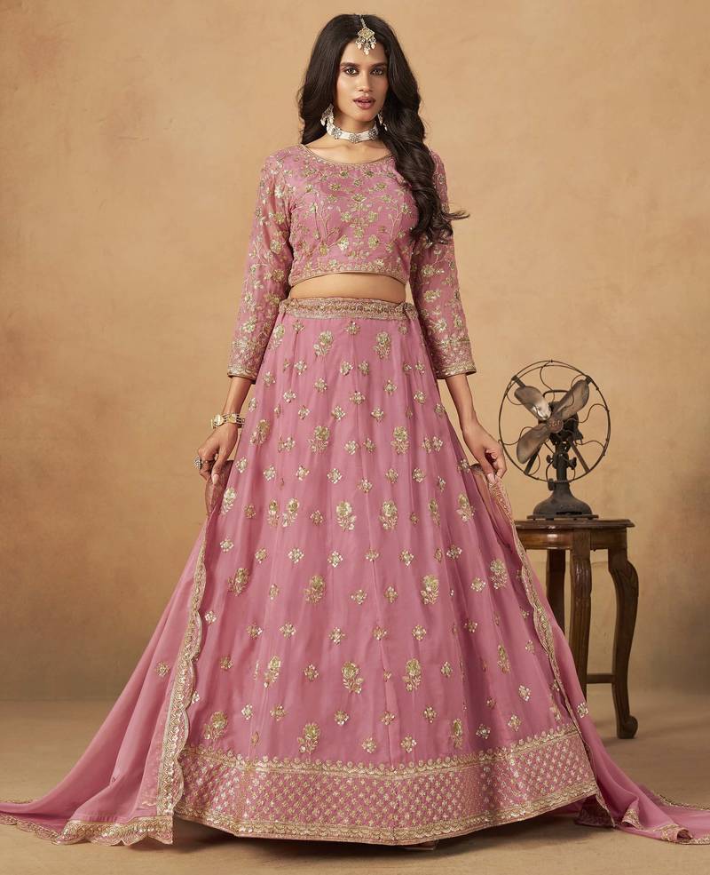 Pink Organza Heavy Thread Embroidery Sequins Work Lehenga Choli