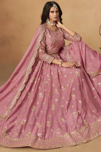 Pink Organza Heavy Thread Embroidery Sequins Work Lehenga Choli