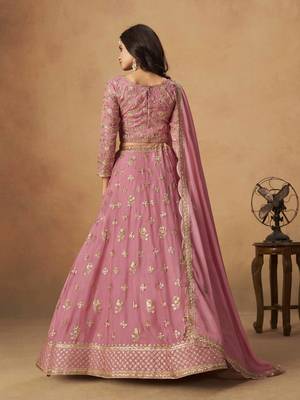 Pink Organza Heavy Thread Embroidery Sequins Work Lehenga Choli 3