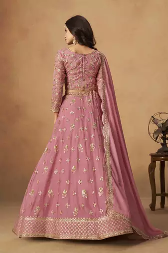 Pink Organza Heavy Thread Embroidery Sequins Work Lehenga Choli