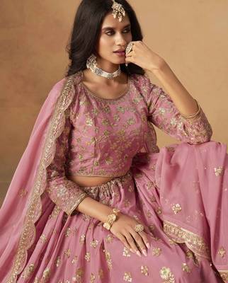 Pink Organza Heavy Thread Embroidery Sequins Work Lehenga Choli 4