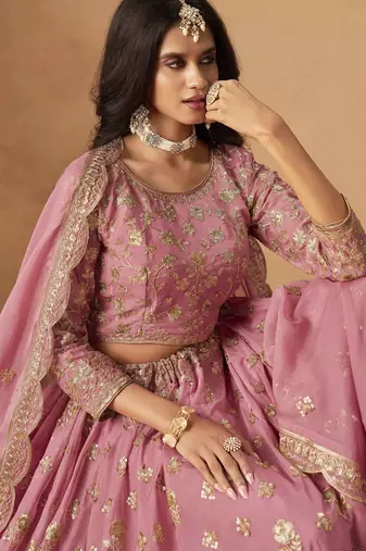 Pink Organza Heavy Thread Embroidery Sequins Work Lehenga Choli