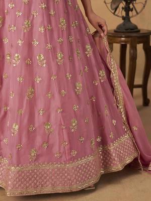 Pink Organza Heavy Thread Embroidery Sequins Work Lehenga Choli 5