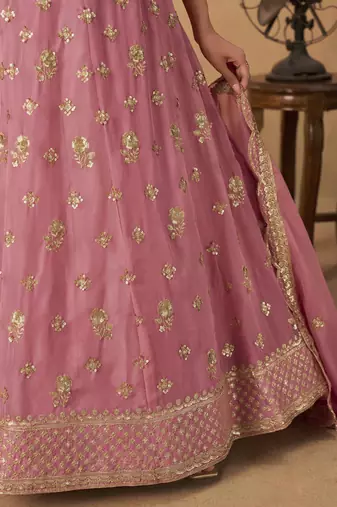 Pink Organza Heavy Thread Embroidery Sequins Work Lehenga Choli