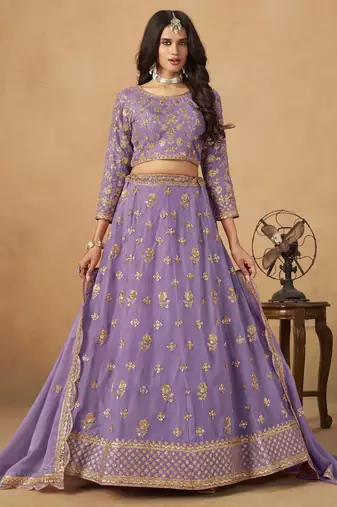 Lavender Organza Heavy Thread Embroidery Sequins Work Lehenga Choli
