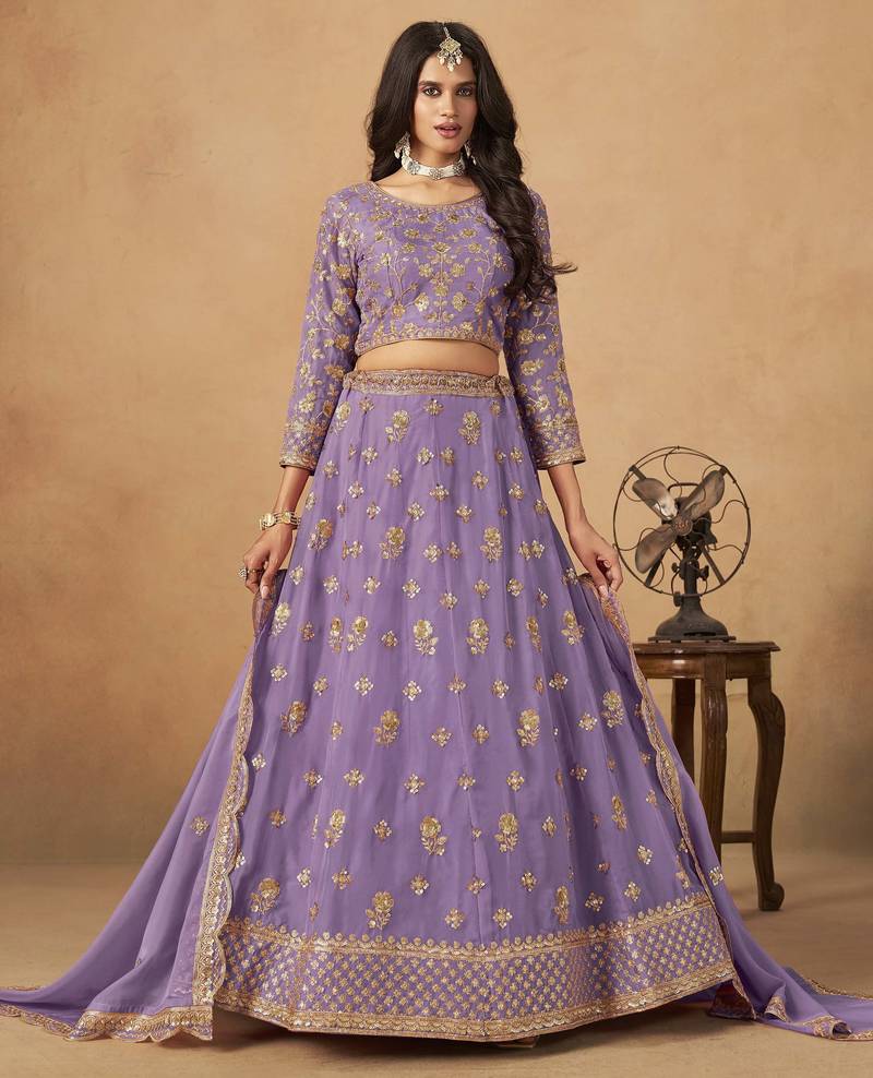 Lavender Organza Heavy Thread Embroidery Sequins Work Lehenga Choli