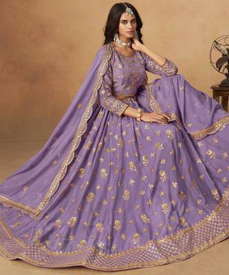Lavender Organza Heavy Thread Embroidery Sequins Work Lehenga Choli 2