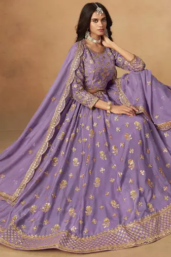 Lavender Organza Heavy Thread Embroidery Sequins Work Lehenga Choli