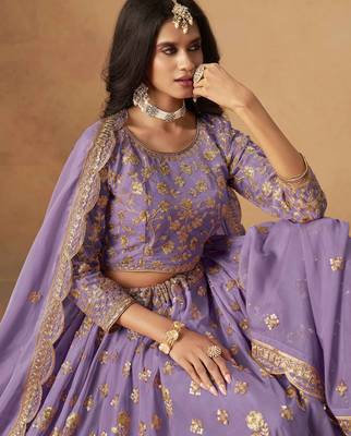 Lavender Organza Heavy Thread Embroidery Sequins Work Lehenga Choli 4