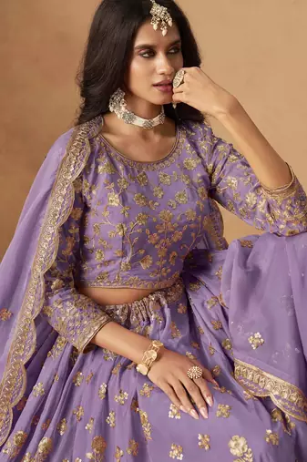 Lavender Organza Heavy Thread Embroidery Sequins Work Lehenga Choli