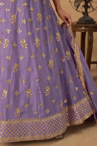 Lavender Organza Heavy Thread Embroidery Sequins Work Lehenga Choli