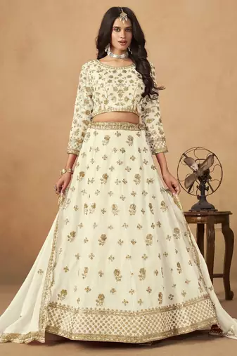 Off White Organza Heavy Thread Embroidery Sequins Work Lehenga Choli