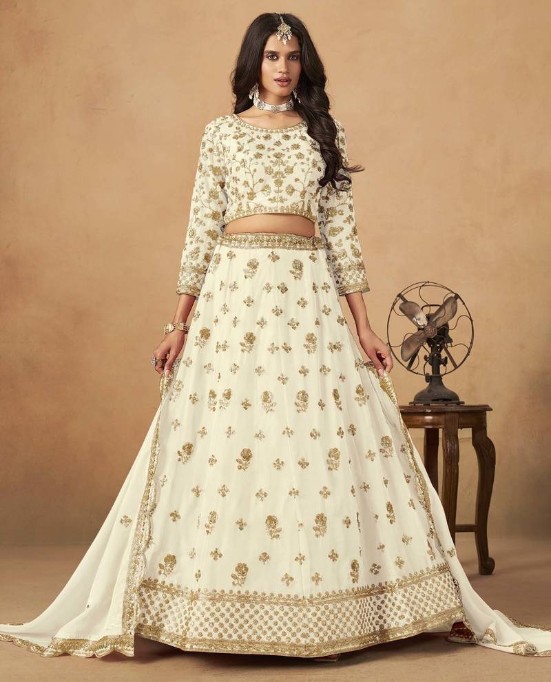 Off White Organza Heavy Thread Embroidery Sequins Work Lehenga Choli