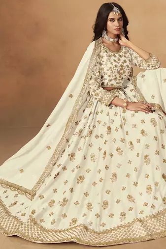 Off White Organza Heavy Thread Embroidery Sequins Work Lehenga Choli