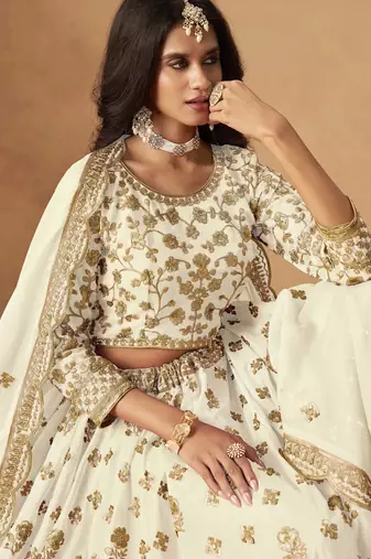Off White Organza Heavy Thread Embroidery Sequins Work Lehenga Choli