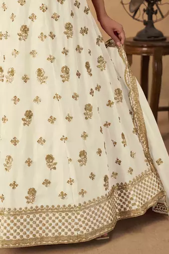 Off White Organza Heavy Thread Embroidery Sequins Work Lehenga Choli
