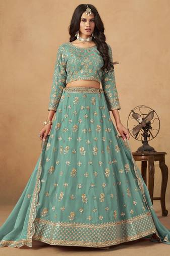 Turquoise Organza Heavy Thread Embroidery Sequins Work Lehenga Choli