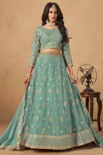 Turquoise Organza Heavy Thread Embroidery Sequins Work Lehenga Choli