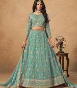 Turquoise Organza Heavy Thread Embroidery Sequins Work Lehenga Choli