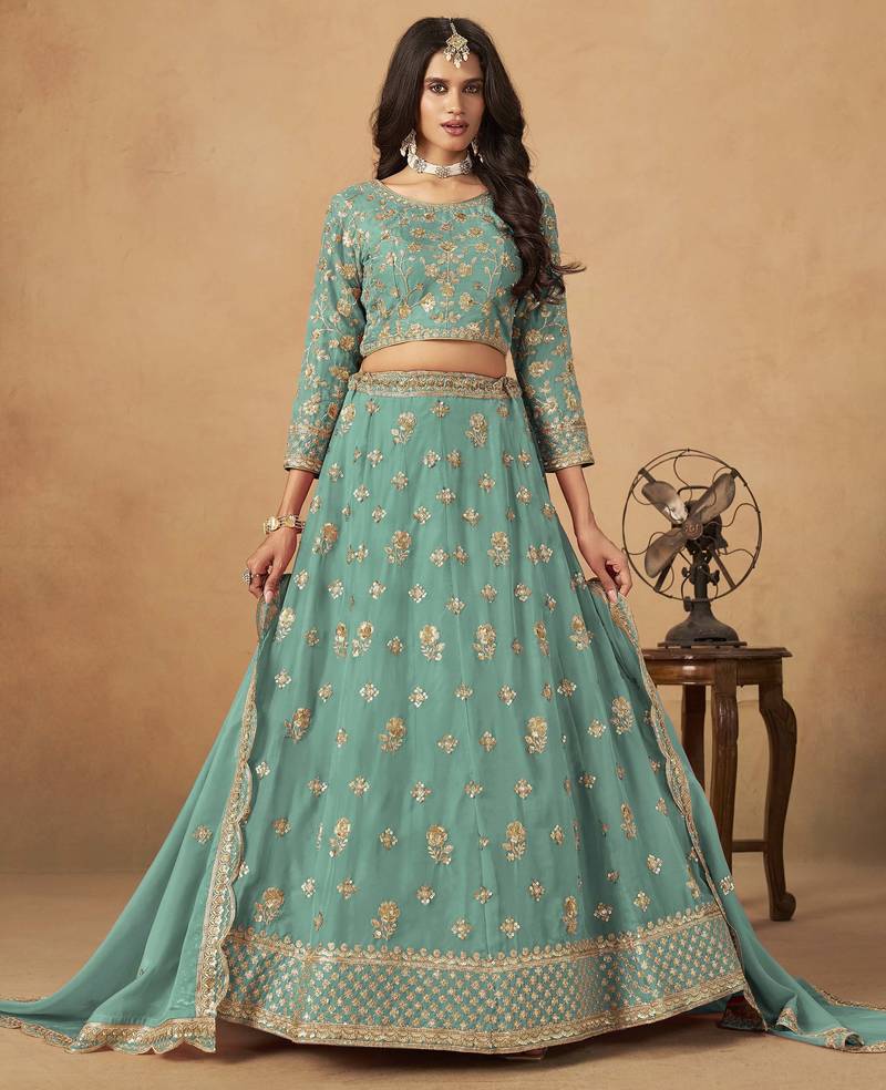 Turquoise Organza Heavy Thread Embroidery Sequins Work Lehenga Choli