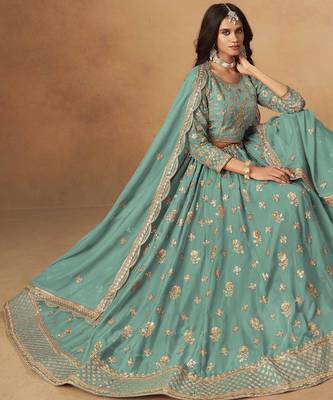 Turquoise Organza Heavy Thread Embroidery Sequins Work Lehenga Choli 2
