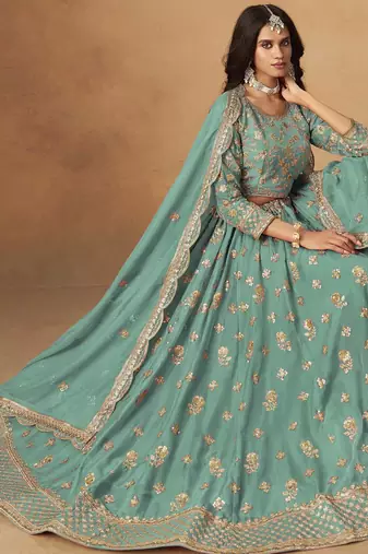 Turquoise Organza Heavy Thread Embroidery Sequins Work Lehenga Choli