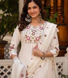 White Color Embroidery Sequins with Hand Work Viscose Silk Kurta pant Set