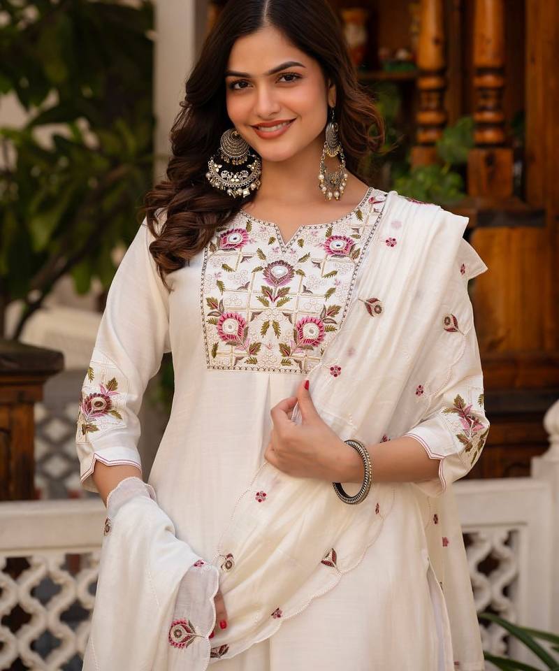White Color Embroidery Sequins with Hand Work Viscose Silk Kurta pant Set