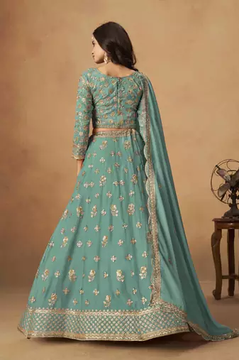 Turquoise Organza Heavy Thread Embroidery Sequins Work Lehenga Choli