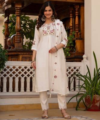 White Color Embroidery Sequins with Hand Work Viscose Silk Kurta Pent Set 1
