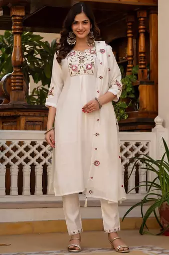White Color Embroidery Sequins with Hand Work Viscose Silk Kurta pant Set