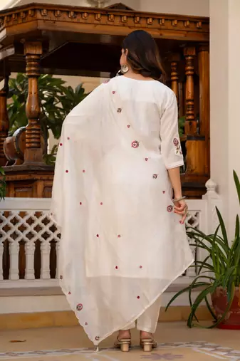 White Color Embroidery Sequins with Hand Work Viscose Silk Kurta Pent Set