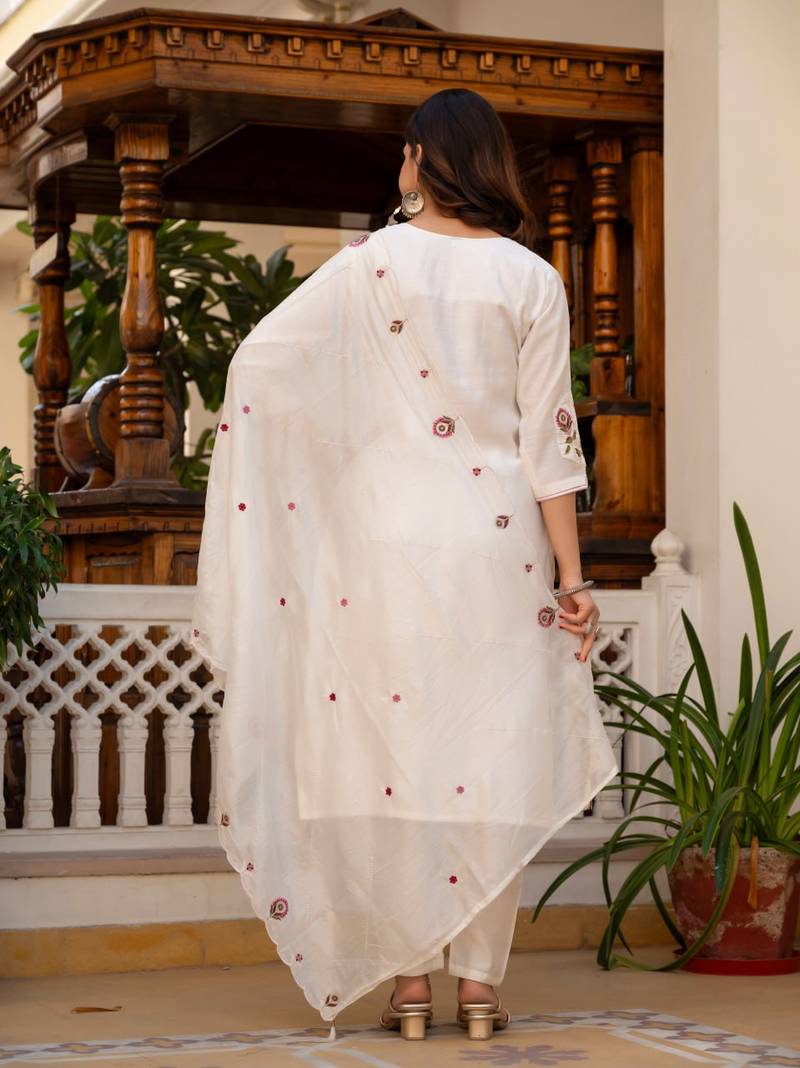 White Color Embroidery Sequins with Hand Work Viscose Silk Kurta pant Set