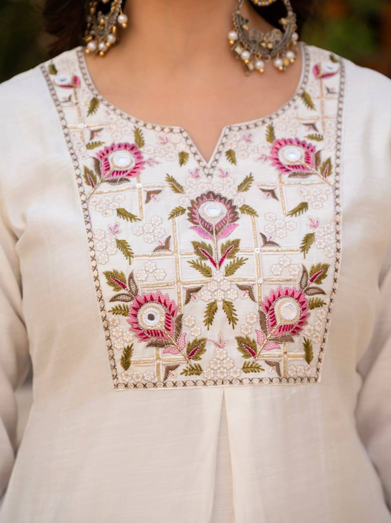 White Color Embroidery Sequins with Hand Work Viscose Silk Kurta pant Set