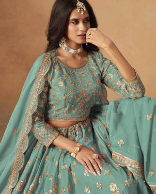 Turquoise Organza Heavy Thread Embroidery Sequins Work Lehenga Choli 4