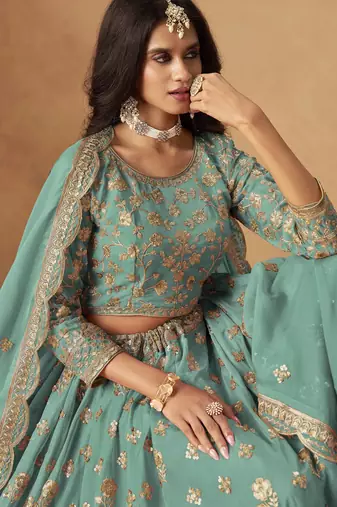 Turquoise Organza Heavy Thread Embroidery Sequins Work Lehenga Choli