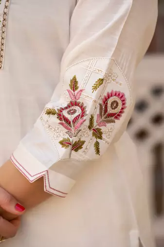 White Color Embroidery Sequins with Hand Work Viscose Silk Kurta Pent Set