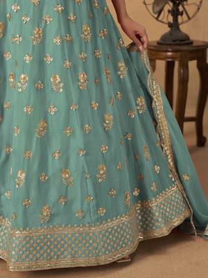 Turquoise Organza Heavy Thread Embroidery Sequins Work Lehenga Choli 5