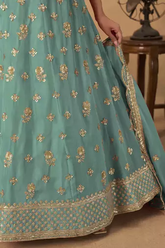 Turquoise Organza Heavy Thread Embroidery Sequins Work Lehenga Choli