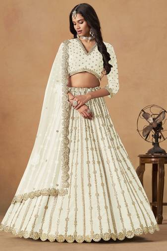 Off White Art Silk Heavy Thread Embroidery Gota Work Lehenga Choli