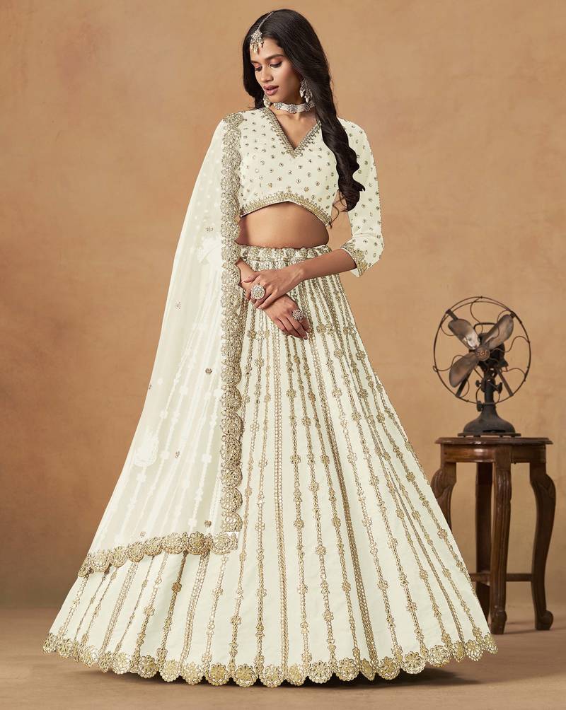 Off White Art Silk Heavy Thread Embroidery Gota Work Lehenga Choli