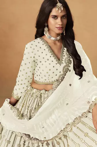 Off White Art Silk Heavy Thread Embroidery Gota Work Lehenga Choli