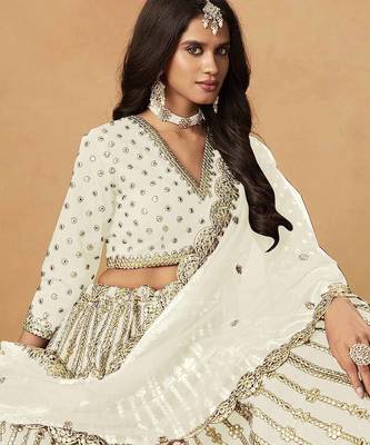 Off White Art Silk Heavy Thread Embroidery Gota Work Lehenga Choli 5