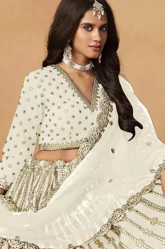 Off White Art Silk Heavy Thread Embroidery Gota Work Lehenga Choli