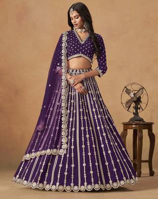 Purple Art Silk Heavy Thread Embroidery Gota Work Lehenga Choli 1