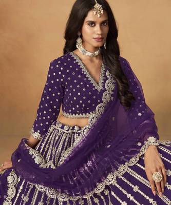 Purple Art Silk Heavy Thread Embroidery Gota Work Lehenga Choli 4
