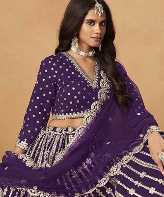 Purple Art Silk Heavy Thread Embroidery Gota Work Lehenga Choli 5